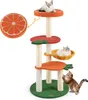 A multi-level cat tree with fruit-themed platforms and scratching posts, featuring cats interacting with it. Podgląd zdjęcia produktu