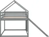 A gray house-shaped bunk bed with a slide, shown from the side against a white background. Produktbild-Vorschau