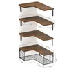 A collage of four L-shaped corner shelves mounted on a white wall, showcasing different styles and dimensions. The shelves have a rustic wood finish and are supported by black brackets or metal frames. Produktbild-Vorschau