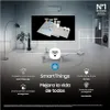 A living room scene with a large TV displaying smart home devices, connected to various appliances like a refrigerator, washing machine, and air conditioner, all managed by SmartThings. Produktbild-Vorschau