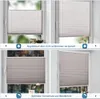 A collage of four images showing a pleated blind in different states of light filtration and positioning within a window frame. Produktbild-Vorschau