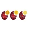 Three hard-boiled eggs with different yolk consistencies, each on a circular red label with a cartoon chef character and text. Voir les images du produit