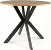 A round dining table with a wooden top and a black metal base. Produktbild-Vorschau