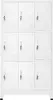 A white metal locker with 9 compartments, each with a key lock and ventilation slots.