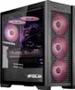 A gaming computer case with internal components visible, illuminated by pink and purple lights. Produktbild-Vorschau