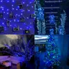 A collage of four images showing blue LED string lights used for decoration in various settings, including a wall with photos, jars, a tree, and a Christmas tree. Produktbild-Vorschau