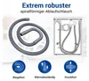 A marketing image showing a flexible drain hose for a washing machine or dishwasher, with diagrams illustrating its features. Produktbild-Vorschau
