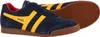 A pair of navy blue Gola sneakers with yellow stripes and red lining, shown from a side angle. Produktbild-Vorschau