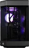 A gaming PC with internal components visible through a glass panel, illuminated by purple and white LED lights. Produktbild-Vorschau