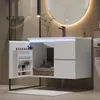 A modern bathroom vanity with an open cabinet revealing storage and a basket of toiletries. Náhľad obrázku produktu