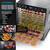 A food dehydrator with multiple trays filled with dried fruits and slices of citrus, along with images of dried fruits, vegetables, and meat. Produktbild-Vorschau