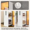 A collage of images showing a white display cabinet with LED lighting, an extendable drawer, and a safety strap. Náhled obrázku produktu