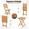 A collage showing a wooden folding chair with a cushion, a folded chair, a folded table, and an unfolded table. Arrows indicate the folding and unfolding process. Anteprima dell’immagine prodotto