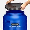 Hands placing a lid on a blue plastic barrel. Produktbild-Vorschau