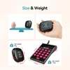 Collage showing the size and weight of restaurant pagers, including a comparison to an egg, a pager in a hand, and dimensions and weight of two different pager models. Produktbild-Vorschau