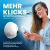 A woman is holding a remote control and looking at it with a smile, while a coin cell battery is shown next to her. The background is a gradient of blue and white. Produktbild-Vorschau