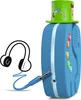 A blue elephant-shaped speaker with a green hat decorated with cartoon figures doing yoga poses. A pair of headphones with a cord plugged into the speaker is shown to the left. Produktbild-Vorschau