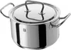 A shiny, stainless steel pot with a lid and two handles, shown from a slightly elevated side angle against a white background. Produktbild-Vorschau
