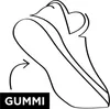 A black and white line drawing of a shoe with the word GUMMI highlighted in a black box. Produktbild-Vorschau