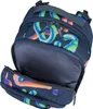 A navy blue backpack with a colorful abstract pattern is shown with its main compartment open. Náhled obrázku produktu