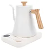 A white electric gooseneck kettle with a wooden handle and lid sits on its charging base. Náhľad obrázku produktu