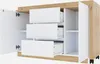 A white and wood cabinet with three drawers and two doors, shown from the front with one door open. Voir les images du produit