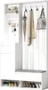 A white entryway organizer with hooks, a bench, and shoe storage. Produktbild-Vorschau