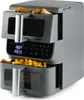A gray dual-basket air fryer with food inside both baskets and on top of the upper basket. Anteprima dell’immagine prodotto