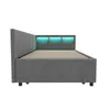 A side view of a gray upholstered bed frame with a slatted mattress base and a headboard with integrated blue LED lighting. Podgląd zdjęcia produktu