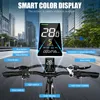 An e-bike handlebar with a digital display showing speed and battery level, with labels pointing to various controls and features. Produktbild-Vorschau