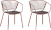Two identical copper-colored chairs with black seat cushions are shown against a white background.
