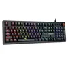 A black gaming keyboard with RGB backlighting is shown from a slightly elevated front-side angle against a white background. Produktbild-Vorschau