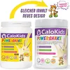 Two containers of CaloKids Powershake are shown side-by-side, with a graphic overlay indicating 'Same content, new design'. A cartoon cat character is also present. Produktbild-Vorschau