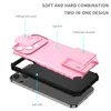 An exploded diagram of a pink phone case with labels indicating its features. Produktbild-Vorschau