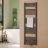 A bathroom with a bathtub, a stool, and a towel radiator with a towel on it. Produktbild-Vorschau