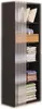 A tall, narrow, black modular wardrobe with shelves filled with folded clothes and decorative pillows. Podgląd zdjęcia produktu