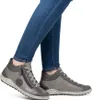 A pair of grey women's high-top sneakers worn with blue jeans, shown against a white background. Produktbild-Vorschau