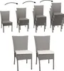 A set of gray poly-rattan chairs with cream cushions, shown stacked in different configurations. Podgląd zdjęcia produktu