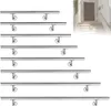 Multiple stainless steel handrails of varying lengths are displayed against a white background, with a small inset image showing a handrail installed on an outdoor staircase. Náhled obrázku produktu