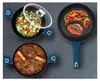 Three different types of cookware are shown, each containing food. One pot contains mixed vegetables, another contains a stew with meat shanks, and a frying pan contains a steak and sliced bell peppers. Náhled obrázku produktu