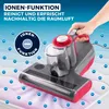 A hand holding a gray and red vacuum cleaner with blue ion symbols floating around it. Produktbild-Vorschau
