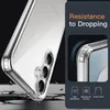 A clear phone case is shown with graphics highlighting its protective features. Produktbild-Vorschau