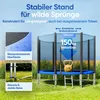 A trampoline set up on a grassy lawn, with close-up insets highlighting features. Produktbild-Vorschau