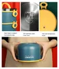 A collage of images showing a multi-layer food container, its stainless steel interior, and a person holding the container. Produktbild-Vorschau