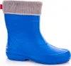 A single blue rubber boot with a gray knitted lining and a red tag on the side, isolated on a white background. Náhled obrázku produktu