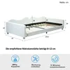 A diagram of a white bed frame with dimensions and feature icons. Produktbild-Vorschau