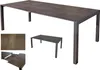 A dining table set with a close-up of the material and an illustration of an extended table. Produktbild-Vorschau