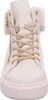 A close-up front view of a white high-top sneaker boot with beige laces and gold accents. Produktbild-Vorschau
