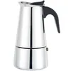 A shiny silver stovetop espresso maker with a black handle. Náhled obrázku produktu