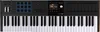 A top-down view of a black Arturia KeyLab 61 mk3 MIDI keyboard with white keys, set against a white background. Produktbild-Vorschau